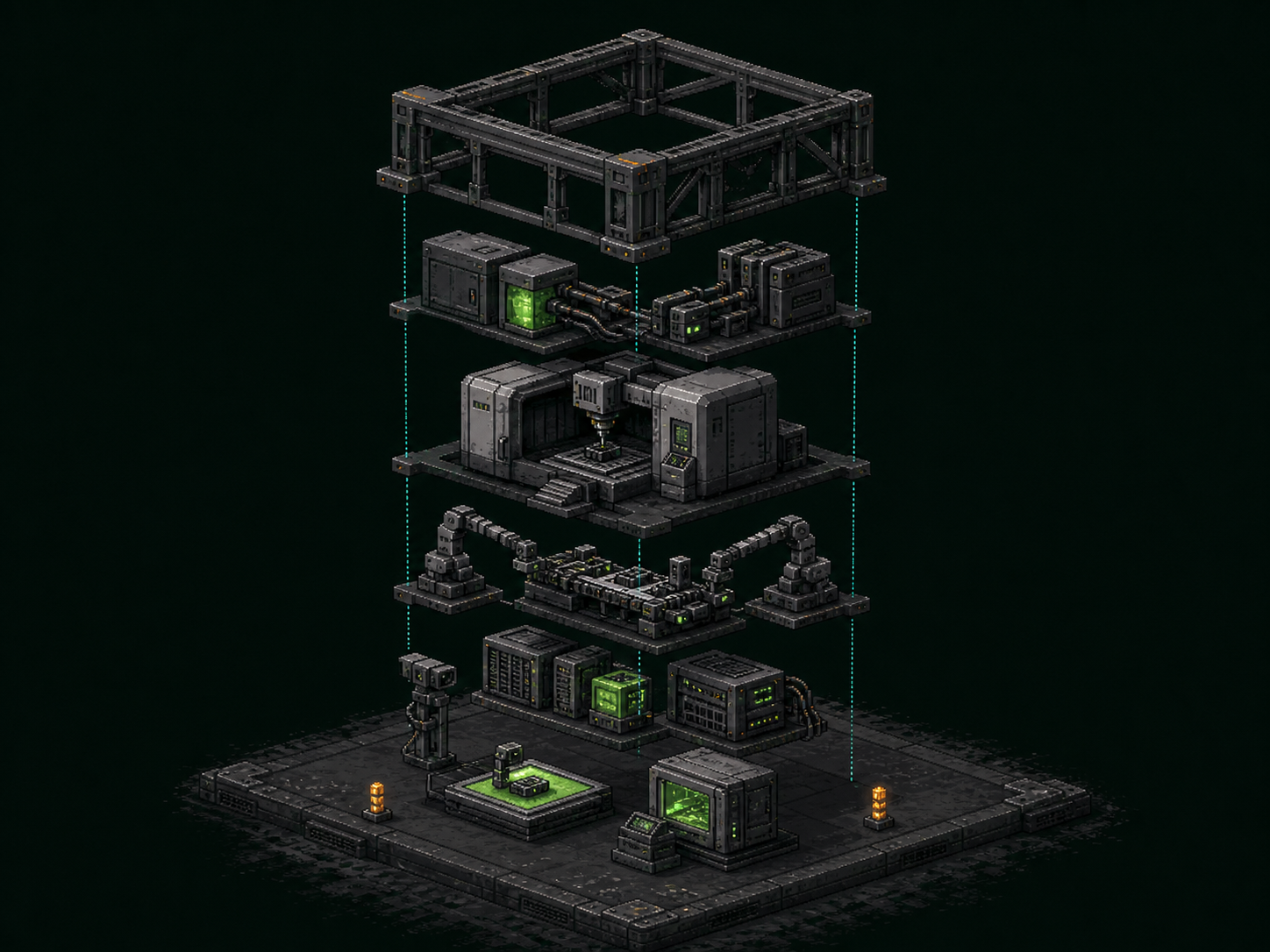 Exploded voxel-pixel concept of a modular manufacturing cell with structure, power, machine, robotics, compute, and proof layers